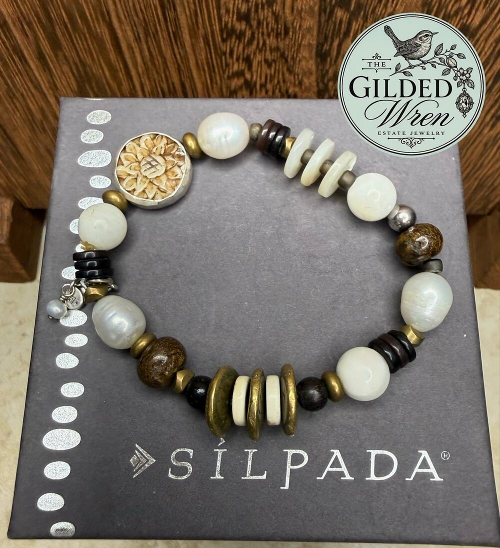 Silpada B1989 Sterling Silver Pearl Bronzite Bone Howlite Stretch Bracelet